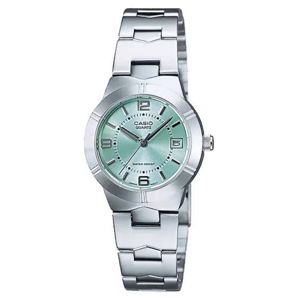 Casio női karóra LTP-1241D-3A, ezüst acél szíj, zöld számlap, 25 mm, WR30, dátumkijelző