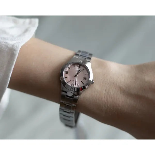 Casio LTP-1241D-4A női karóra, acél szíj, rózsaszín számlap, 25 mm, dátum, WR30