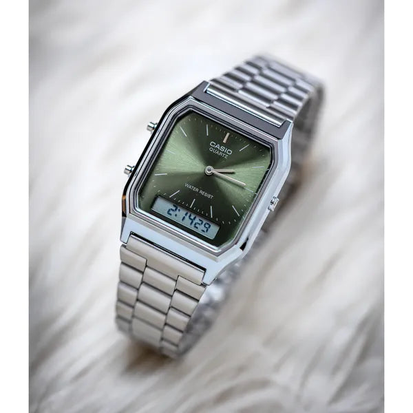 Casio Vintage uniszex analóg-digitális karóra, ezüst acél, WR30, zöld