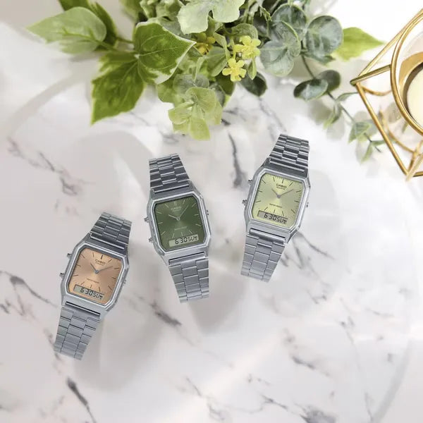 Casio Vintage uniszex analóg-digitális karóra, ezüst acél, WR30, zöld