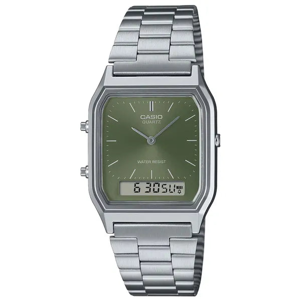 Casio Vintage uniszex analóg-digitális karóra, ezüst acél, WR30, zöld