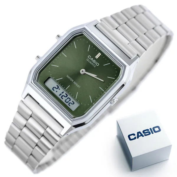 Casio Vintage uniszex analóg-digitális karóra, ezüst acél, WR30, zöld