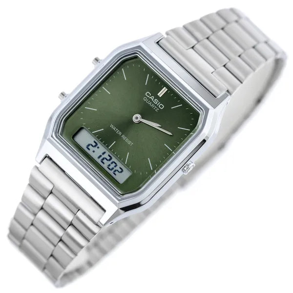 Casio Vintage uniszex analóg-digitális karóra, ezüst acél, WR30, zöld
