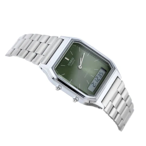 Casio Vintage uniszex analóg-digitális karóra, ezüst acél, WR30, zöld