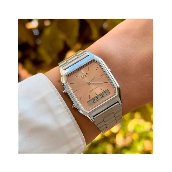 Casio Vintage unisex karóra AQ-230A-4AMQYDF, analóg‑digitális, ezüst acél, WR30