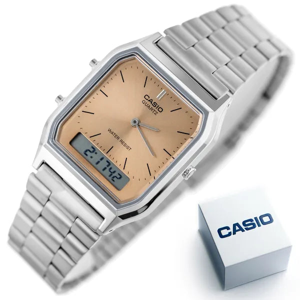 Casio Vintage unisex karóra AQ-230A-4AMQYDF, analóg‑digitális, ezüst acél, WR30