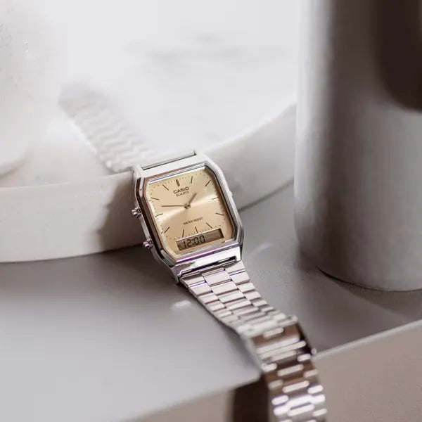 Casio Vintage unisex karóra AQ-230A-4AMQYDF, analóg‑digitális, ezüst acél, WR30
