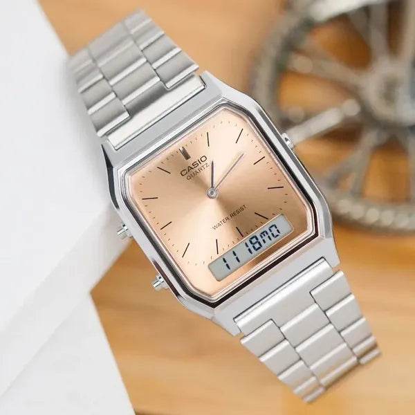 Casio Vintage unisex karóra AQ-230A-4AMQYDF, analóg‑digitális, ezüst acél, WR30