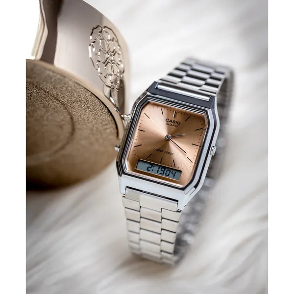 Casio Vintage unisex karóra AQ-230A-4AMQYDF, analóg‑digitális, ezüst acél, WR30