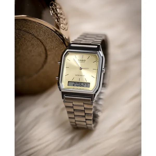 Casio Vintage AQ-230A-9AMQYDF uniszex óra, ezüst acél, zöld számlap