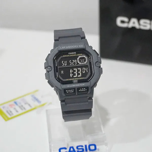 Casio WS-1400H-8B férfi sportóra, szürke, WR100, LED, stopper, holdfázis