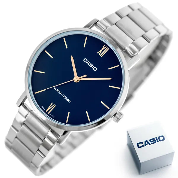 Casio MTP-VT01D-2B férfi karóra, kék számlap, acél szíj, 40 mm, WR30