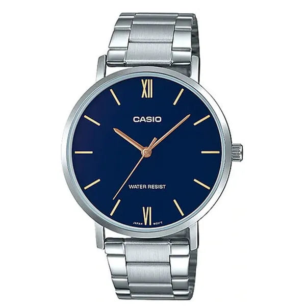 Casio MTP-VT01D-2B férfi karóra, kék számlap, acél szíj, 40 mm, WR30