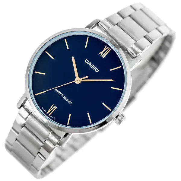 Casio MTP-VT01D-2B férfi karóra, kék számlap, acél szíj, 40 mm, WR30