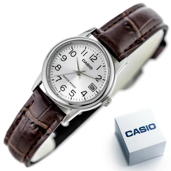 Casio LTP-V002L-7B2UDF női karóra, 25 mm, ezüst számlap, barna bőr, WR30, dátum