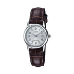 Casio LTP-V002L-7B2UDF női karóra, 25 mm, ezüst számlap, barna bőr, WR30, dátum