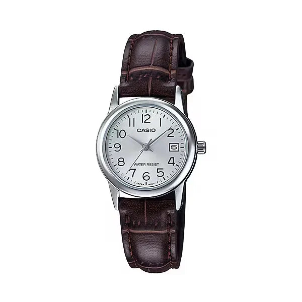 Casio LTP-V002L-7B2UDF női karóra, 25 mm, ezüst számlap, barna bőr, WR30, dátum
