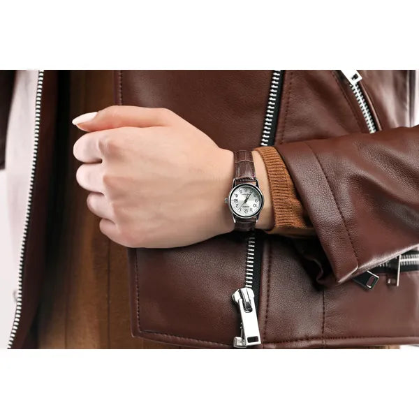 Casio LTP-V002L-7B2UDF női karóra, 25 mm, ezüst számlap, barna bőr, WR30, dátum
