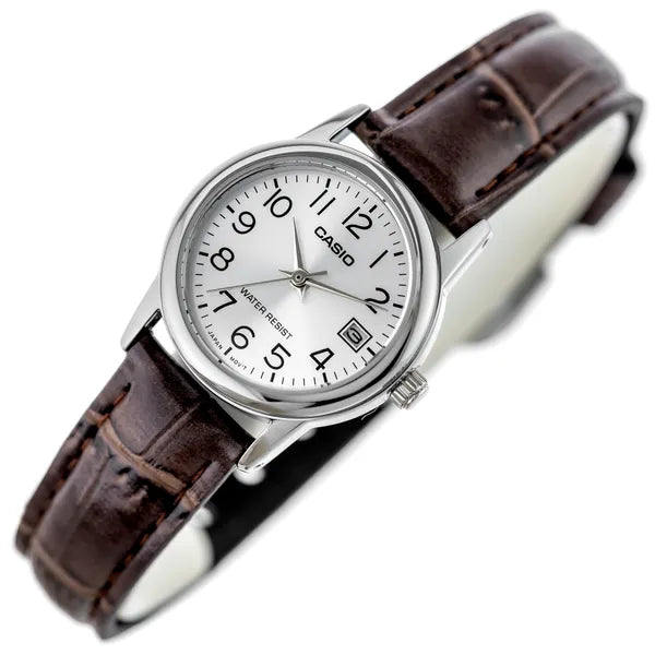 Casio LTP-V002L-7B2UDF női karóra, 25 mm, ezüst számlap, barna bőr, WR30, dátum