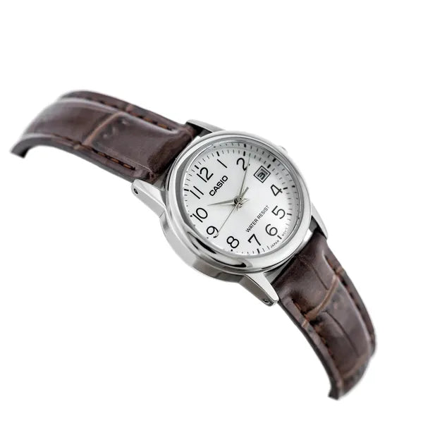 Casio LTP-V002L-7B2UDF női karóra, 25 mm, ezüst számlap, barna bőr, WR30, dátum