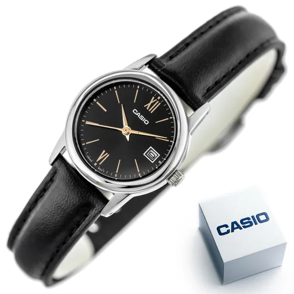 Casio LTP-V002L-1B3UDF női karóra, 25 mm, fekete bőrszíj, ezüst tok, dátum, WR30
