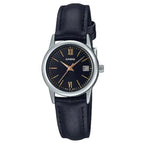 Casio LTP-V002L-1B3UDF női karóra, 25 mm, fekete bőrszíj, ezüst tok, dátum, WR30