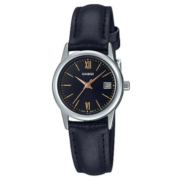 Casio LTP-V002L-1B3UDF női karóra, 25 mm, fekete bőrszíj, ezüst tok, dátum, WR30