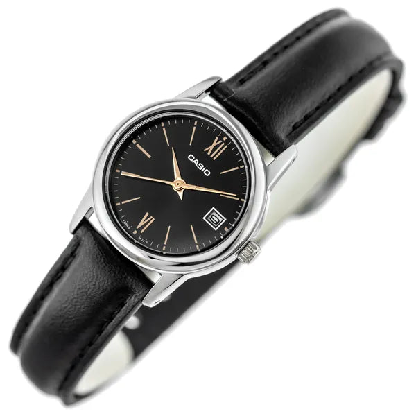 Casio LTP-V002L-1B3UDF női karóra, 25 mm, fekete bőrszíj, ezüst tok, dátum, WR30