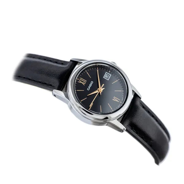Casio LTP-V002L-1B3UDF női karóra, 25 mm, fekete bőrszíj, ezüst tok, dátum, WR30