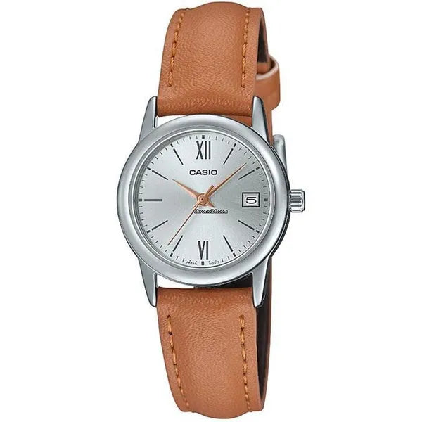 Casio LTP-V002L-7B3UDF női karóra, barna bőrszíj, ezüst számlap, 25 mm, WR30
