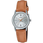 Casio LTP-V002L-7B3UDF női karóra, barna bőrszíj, ezüst számlap, 25 mm, WR30