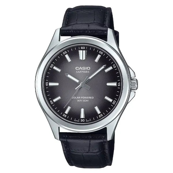 Casio MTS-RS100L-1A férfi karóra, zafírüveg, bőr szíj, 40 mm, WR50, napelemes