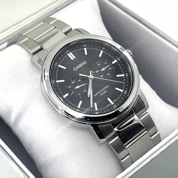 Casio MTP-E335D-1E férfi karóra, fekete számlap, acél szíj, WR50, 41 mm
