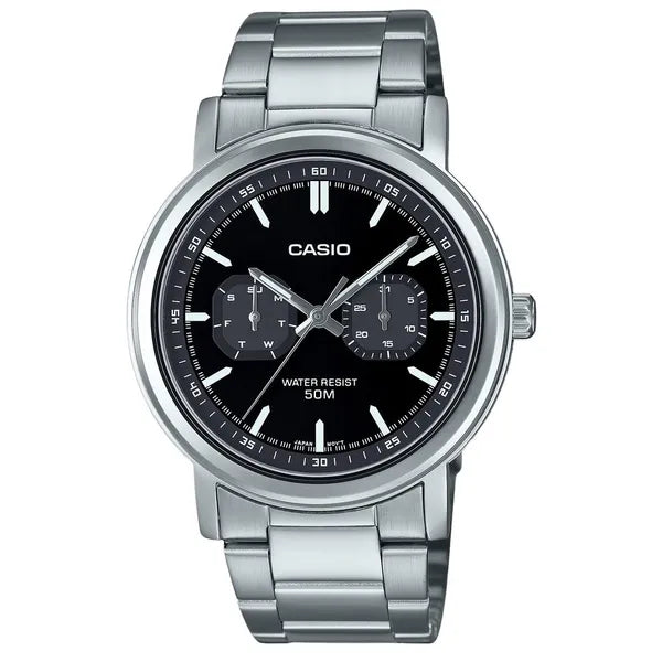 Casio MTP-E335D-1E férfi karóra, fekete számlap, acél szíj, WR50, 41 mm