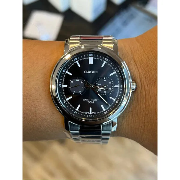 Casio MTP-E335D-1E férfi karóra, fekete számlap, acél szíj, WR50, 41 mm