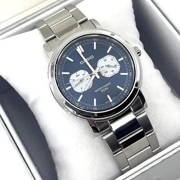 Casio férfi karóra MTP-E335D-2E1, acél szíj, 41 mm, kék számlap, WR50