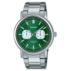 Casio MTP-E335D-3E férfi karóra, zöld számlap, acél szíj, WR50, kvarc 41 mm