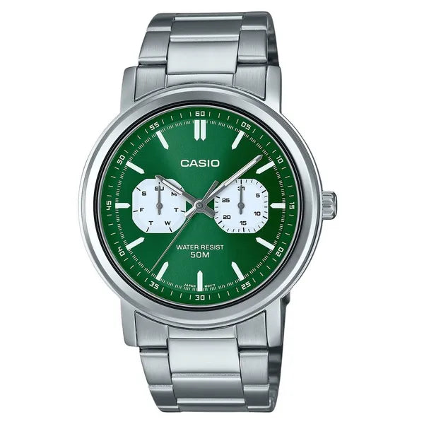 Casio MTP-E335D-3E férfi karóra, zöld számlap, acél szíj, WR50, kvarc 41 mm