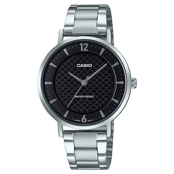 Casio LTP-VT04D-1A női karóra, 35 mm, fekete, acél szíj, WR30 + díszdoboz