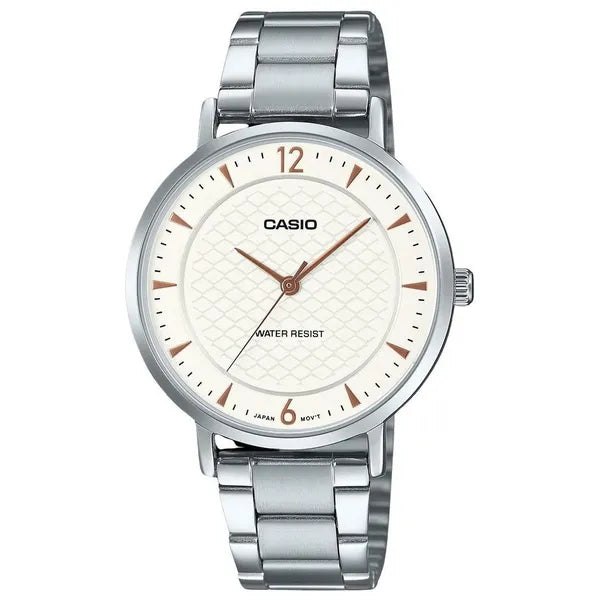 Casio LTP-VT04D-7A női karóra, ezüst acél szíj, fehér számlap, 35 mm