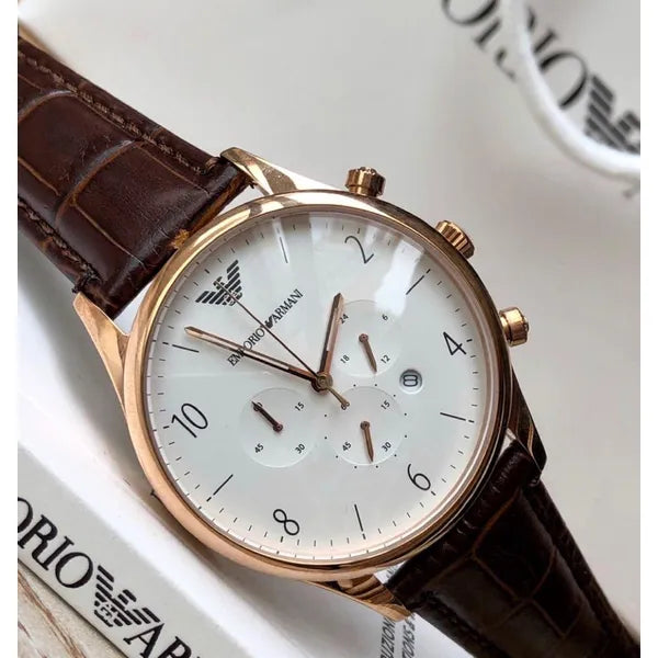 Emporio Armani AR1916 férfi kronográf karóra, 43 mm, bőr szíj, rózsaarany
