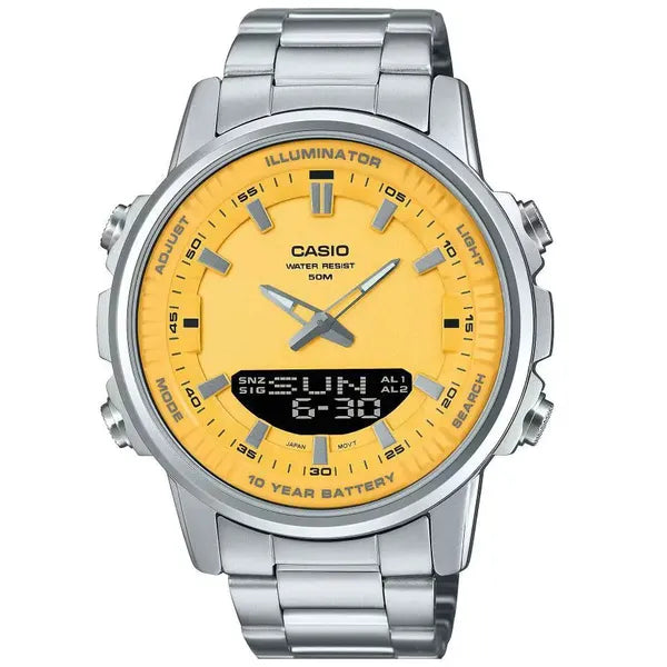 Casio AMW-880D-9A férfi karóra, analóg-digitális, acél szíj, WR50, sárga számlap