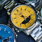 Casio AMW-880D-9A férfi karóra, analóg-digitális, acél szíj, WR50, sárga számlap