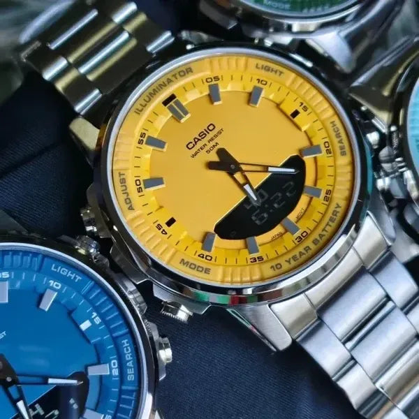Casio AMW-880D-9A férfi karóra, analóg-digitális, acél szíj, WR50, sárga számlap