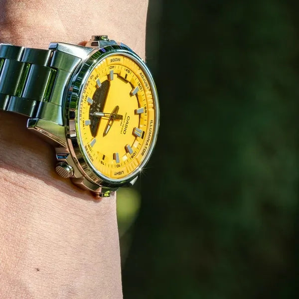 Casio AMW-880D-9A férfi karóra, analóg-digitális, acél szíj, WR50, sárga számlap