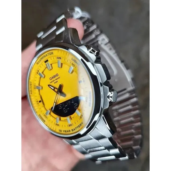 Casio AMW-880D-9A férfi karóra, analóg-digitális, acél szíj, WR50, sárga számlap