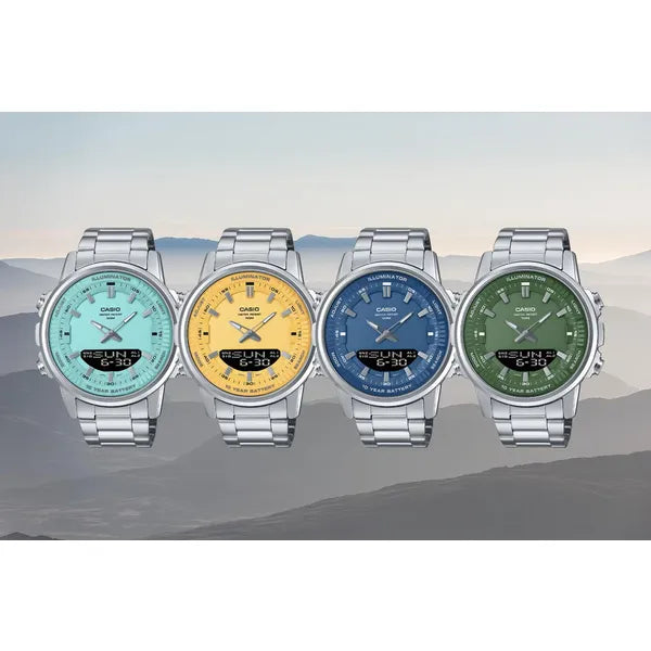 Casio AMW-880D-9A férfi karóra, analóg-digitális, acél szíj, WR50, sárga számlap