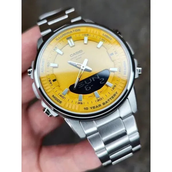 Casio AMW-880D-9A férfi karóra, analóg-digitális, acél szíj, WR50, sárga számlap