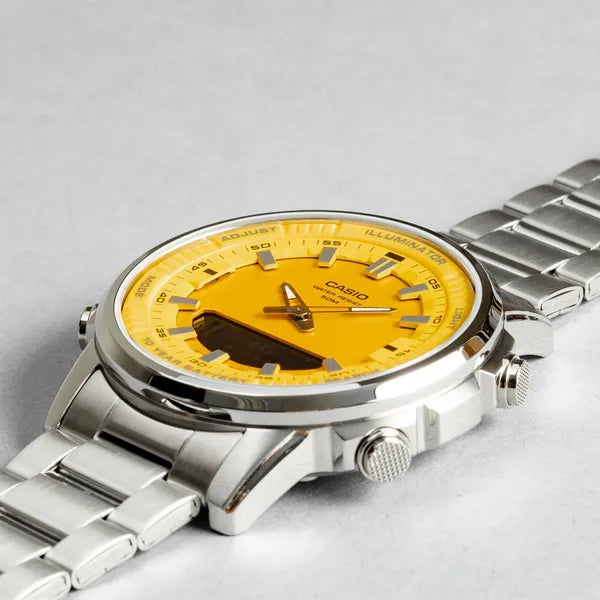 Casio AMW-880D-9A férfi karóra, analóg-digitális, acél szíj, WR50, sárga számlap