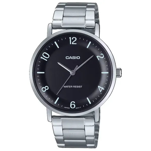 Casio MTP-VT03D-1B férfi kvarc karóra, acél szíj, fekete számlap, 40 mm, WR30